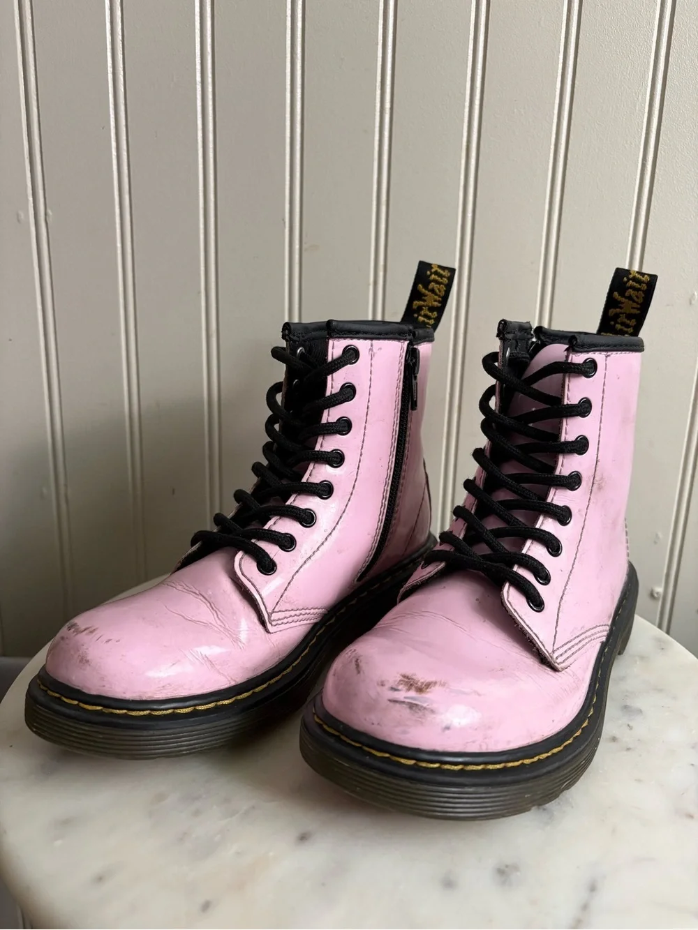 Dr Martens Patent Leather Combat Boots Youth Girls 1 Pink & Black Moto Cool Boho